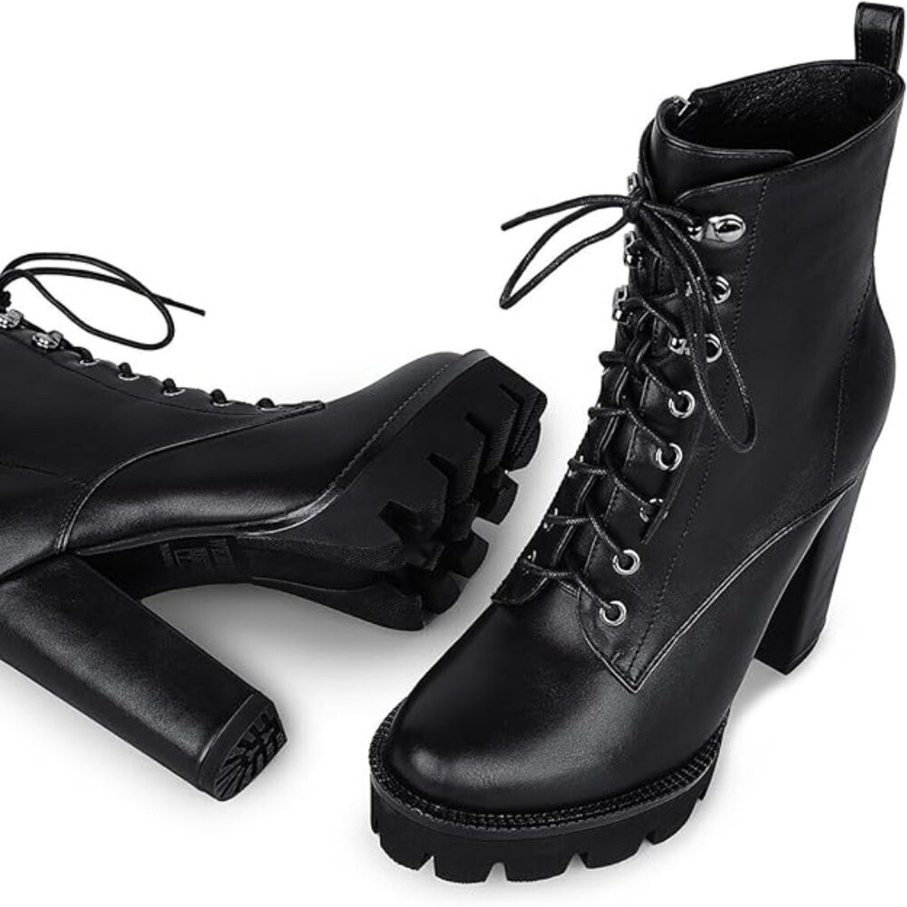 Platform Boots for Women, Heeled Combat Boots Chunky Heel Booties Matte Black